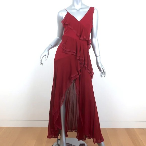 Alice + Olivia Gown Mariana Red Ruffled Silk Size 4 Asymmetric Maxi Dress - Picture 1 of 8